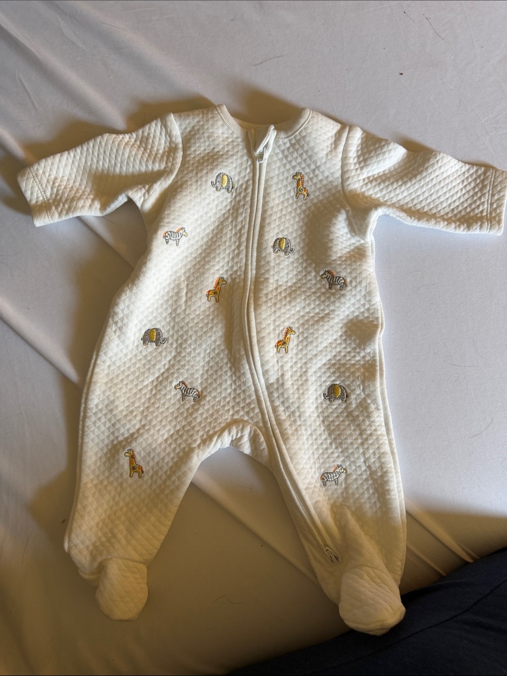 Little Me White Quilted Footed One-Piece with Animal Embroidery